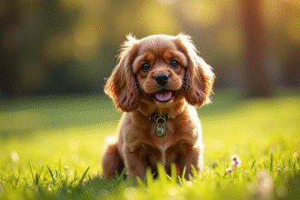 Cocker spaniel assis dans un parc ensoleille avec visage expressif