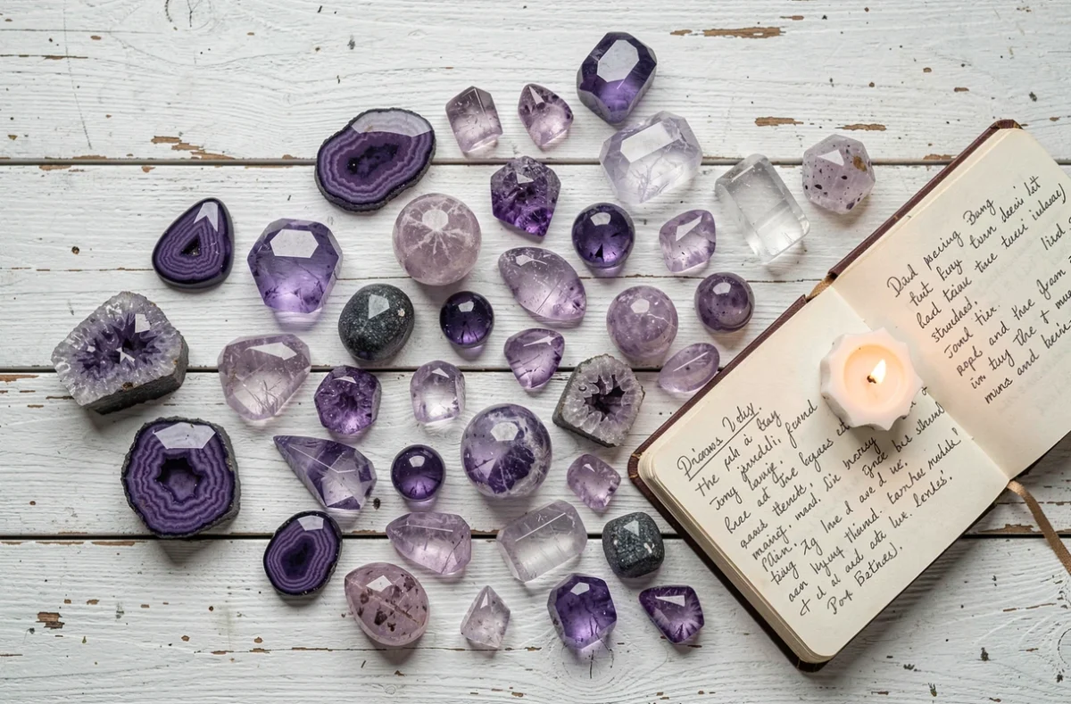 Collection de pierres précieuses violettes et améthystes disposées avec un journal et une bougie, symbolisme des couleurs spirituelles