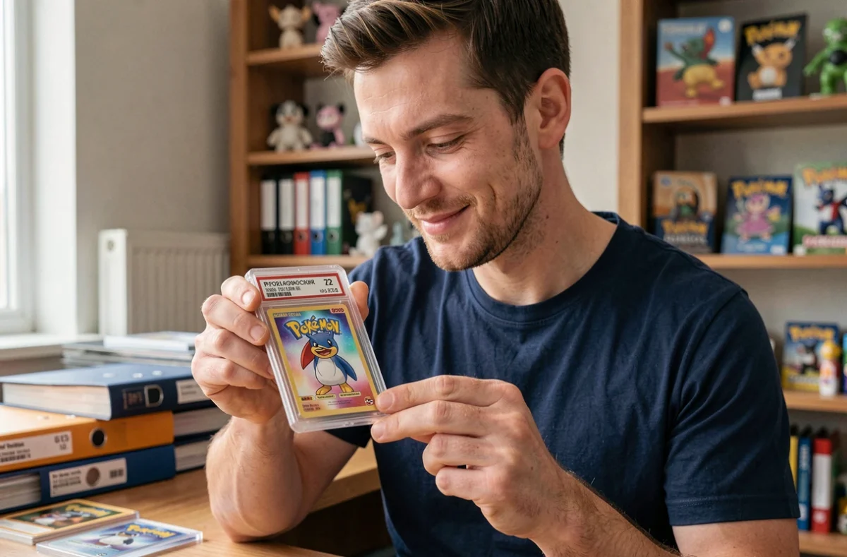 Collectionneur tenant une carte Pokémon rare gradée en slab PSA, examinant sa valeur de revente dans un bureau de collection moderne