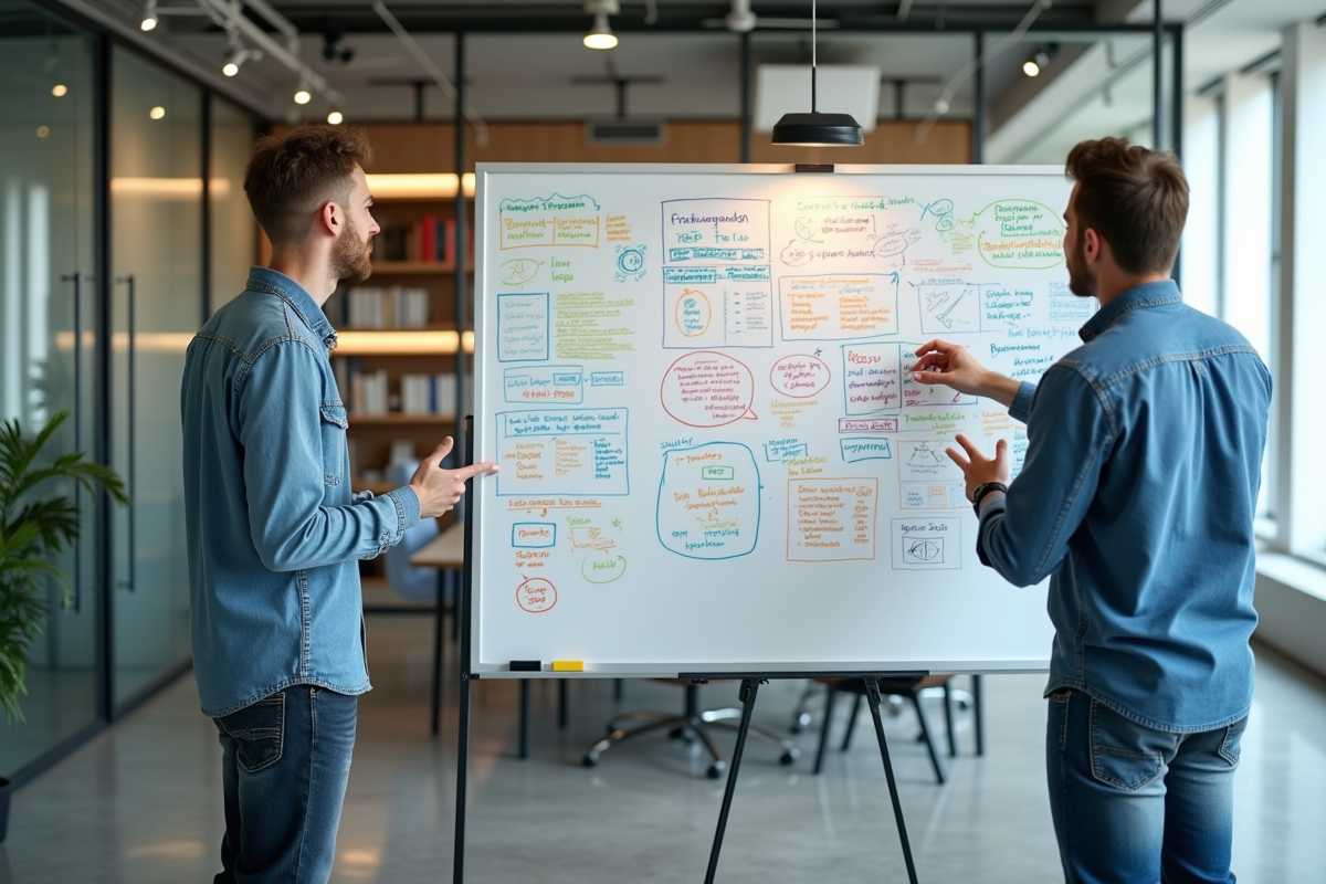 Deux jeunes collègues discutant devant tableau blanc