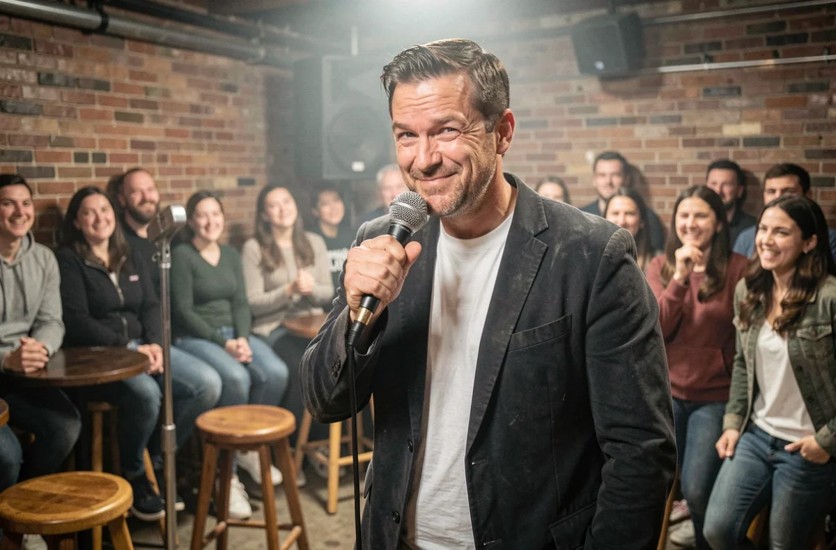 Comédien de stand-up en pleine performance dans un club de comédie underground, réactions mitigées du public visible en arrière-plan
