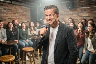 Comédien de stand-up en pleine performance dans un club de comédie underground, réactions mitigées du public visible en arrière-plan