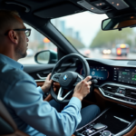 Ingénieur homme dans une voiture moderne observant l'interface ADAS
