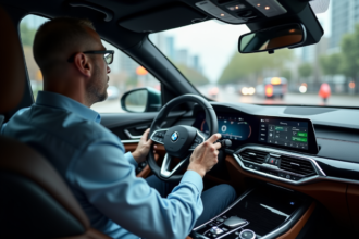 Ingénieur homme dans une voiture moderne observant l'interface ADAS