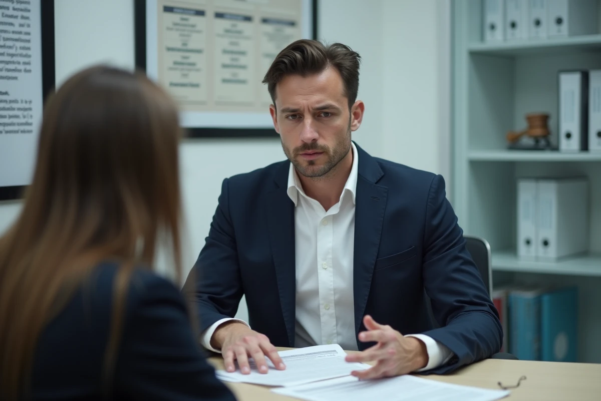 Conseiller juridique en aide juridictionnelle gratuite discutant d'un dossier de harcèlement par huissier avec un client