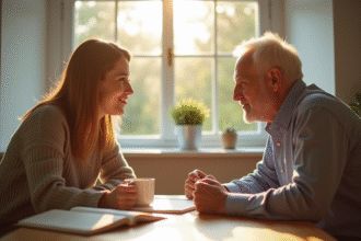 Jeune femme et homme agee discutant dans une cuisine lumineuse