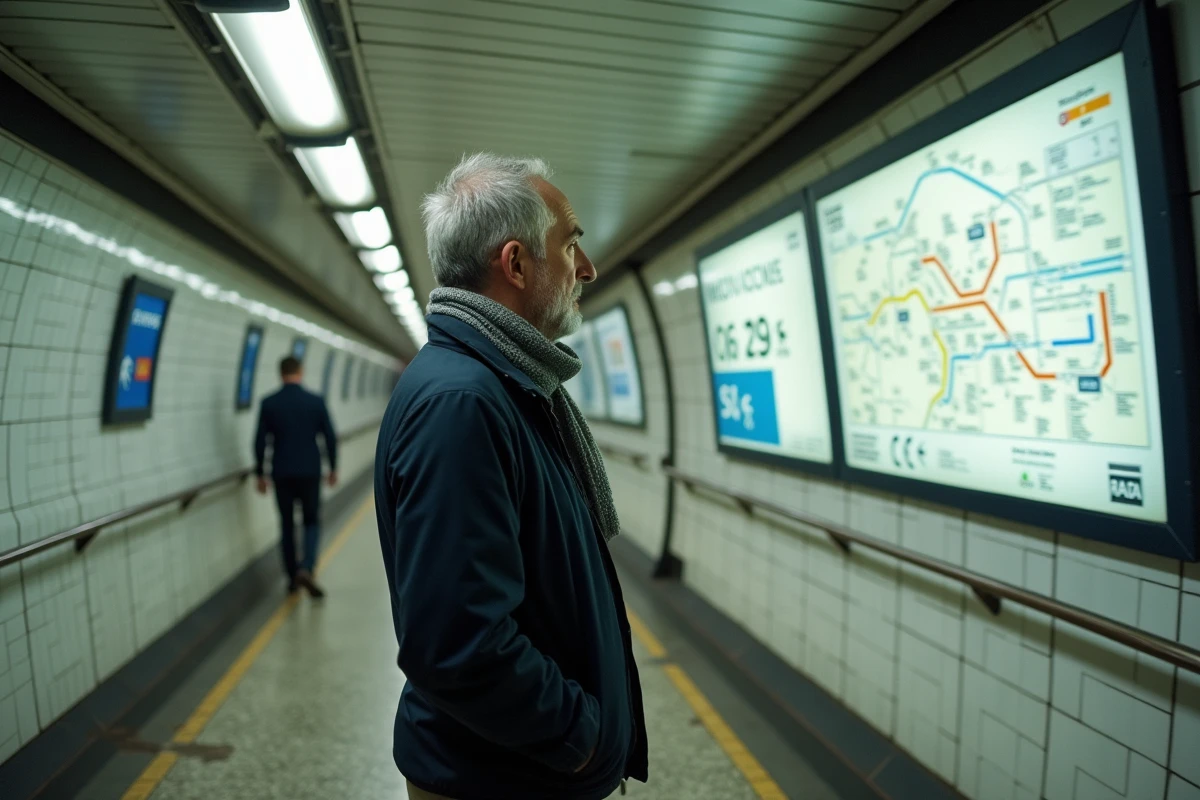Voyageur étudiant le plan du réseau RATP avec les correspondances de la ligne 9, RER et tramway dans un couloir de station parisienne