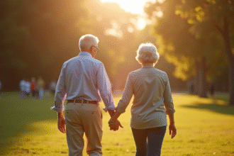 Couple âgé se tenant la main dans un parc ensoleille