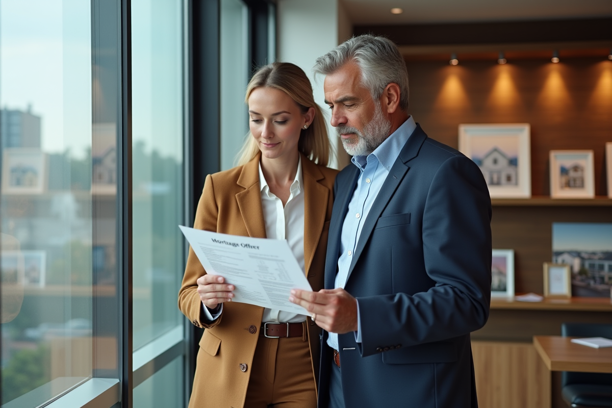 Couple examine ensemble une offre de prêt immobilier dans un bureau