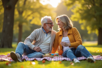 Couple joyeux en pique-nique dans un parc ensoleille