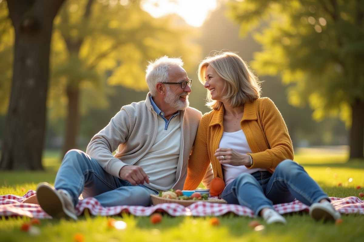 Couple joyeux en pique-nique dans un parc ensoleille