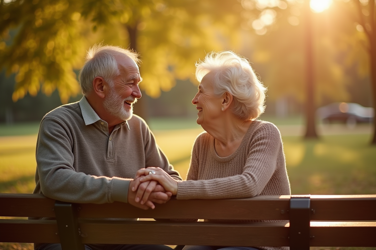 Couple âgé souriant main dans la main dans un parc ensoleille