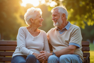 Couple âgé souriant sur un banc en plein soleil