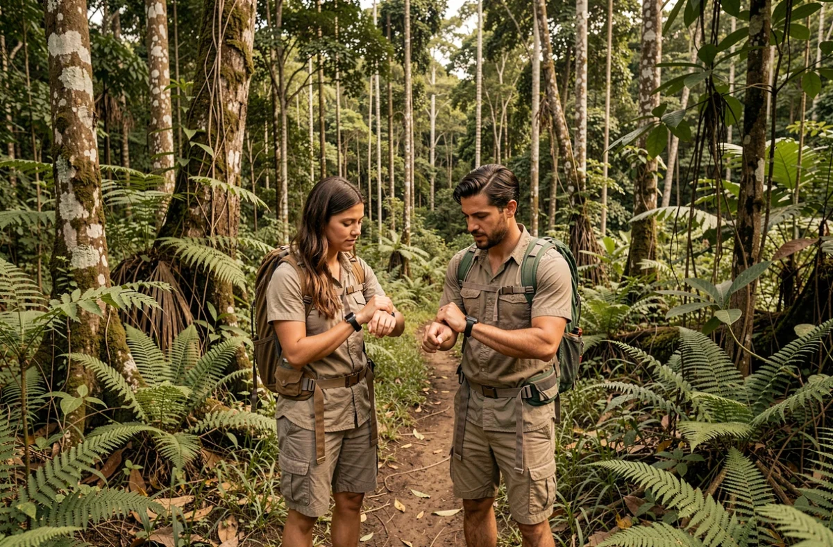 Couple de voyageurs vérifiant l'heure à leur arrivée en lisière de la forêt amazonienne en Guyane française