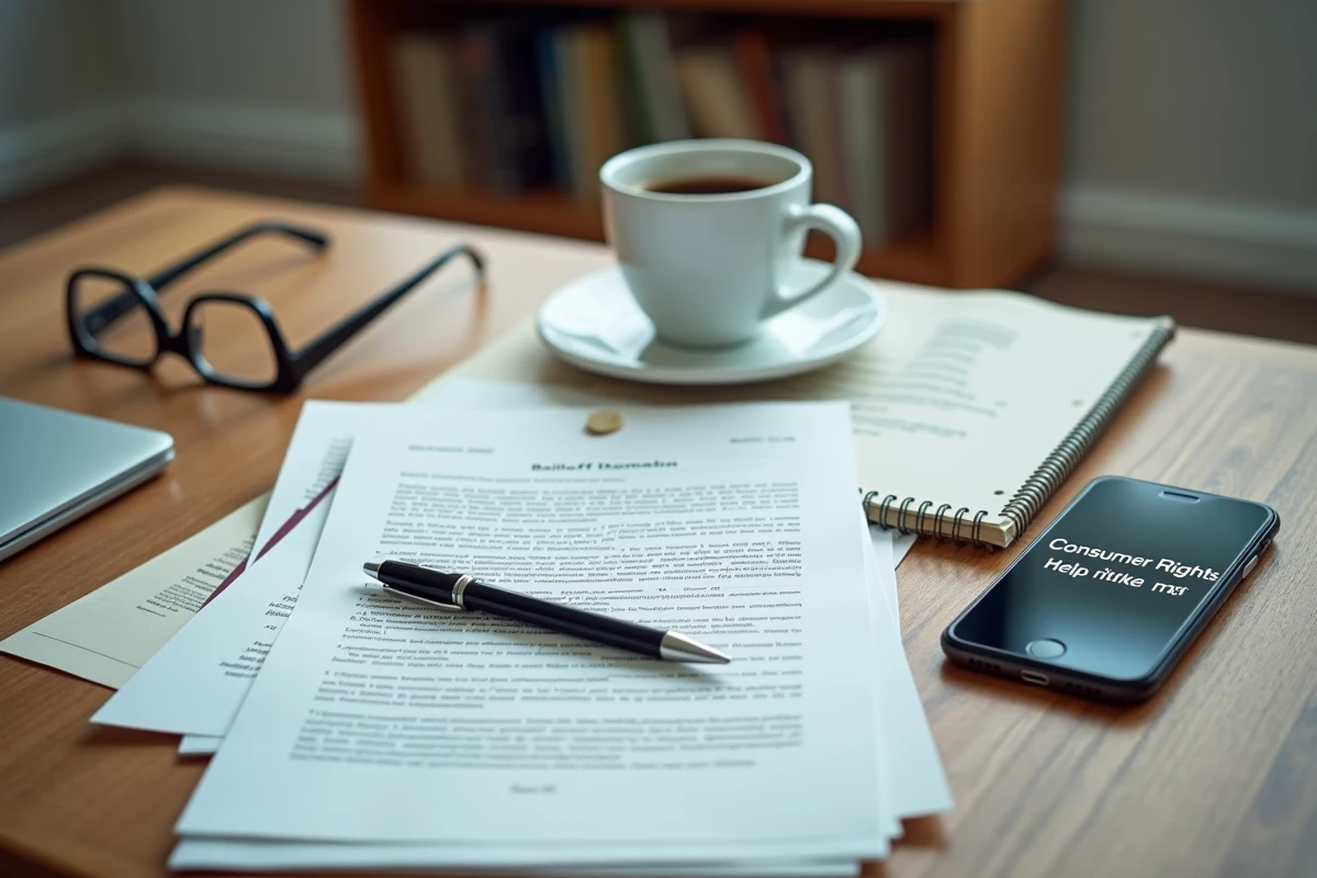 Gros plan sur des courriers officiels d'huissier posés sur un bureau avec des notes manuscrites et un téléphone affichant un numéro d'aide gratuite