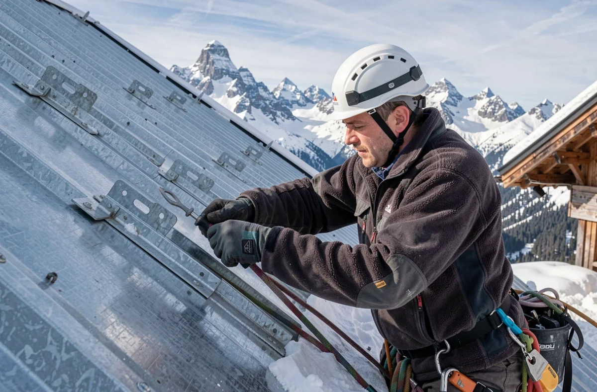 Couvreur Alpin installant des garde-neige sur une toiture métallique de chalet en haute montagne savoyarde