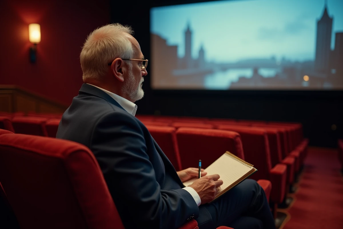 Critique de cinéma prenant des notes lors d'une projection privée dans une salle de cinéma aux fauteuils en velours rouge