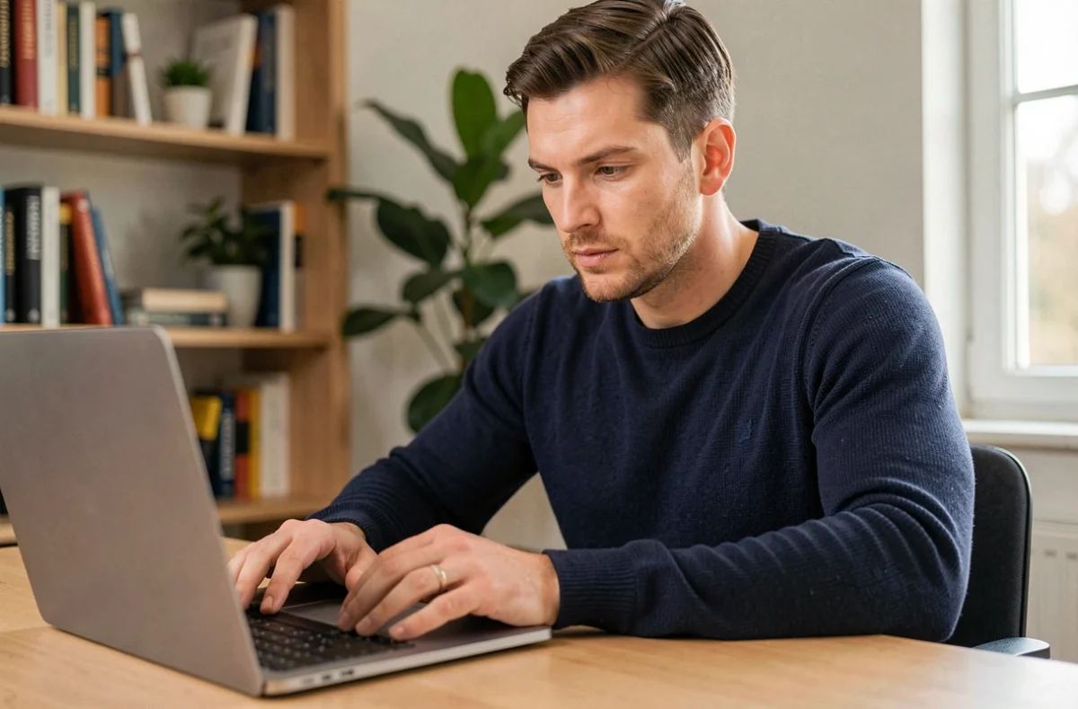 Homme concentré lisant des conseils pour débuter sur une plateforme de jeu en ligne depuis son bureau à domicile