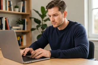 Homme concentré lisant des conseils pour débuter sur une plateforme de jeu en ligne depuis son bureau à domicile