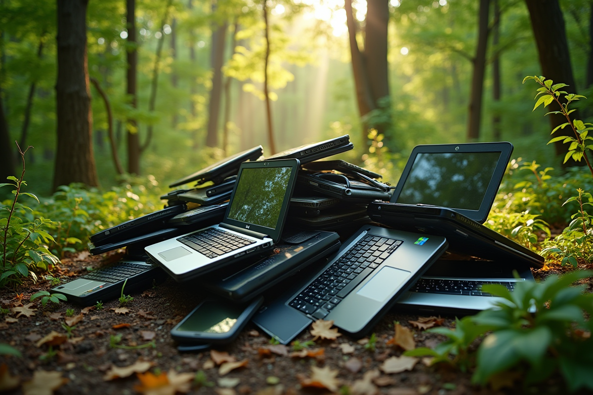 Déchets électroniques dans une forêt ensoleillée