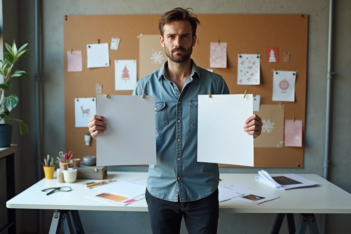 Designer graphique comparant deux images joyeux noel 2026 originales dans son studio créatif moderne