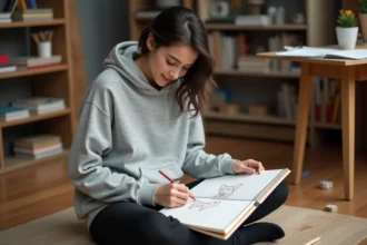 Jeune femme dessinant un personnage de chat en mouvement dans un carnet de croquis sur un plancher de studio d'art
