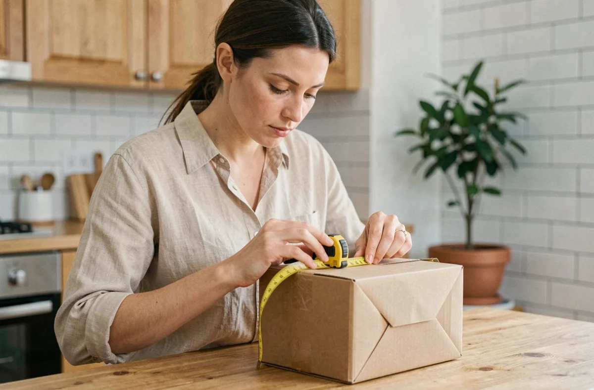 Femme mesurant les dimensions d'un colis carton avec un ruban à mesurer sur une table de cuisine, pour vérification avant envoi Mondial Relay