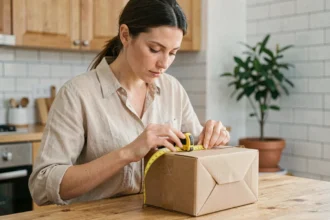 Femme mesurant les dimensions d'un colis carton avec un ruban à mesurer sur une table de cuisine, pour vérification avant envoi Mondial Relay
