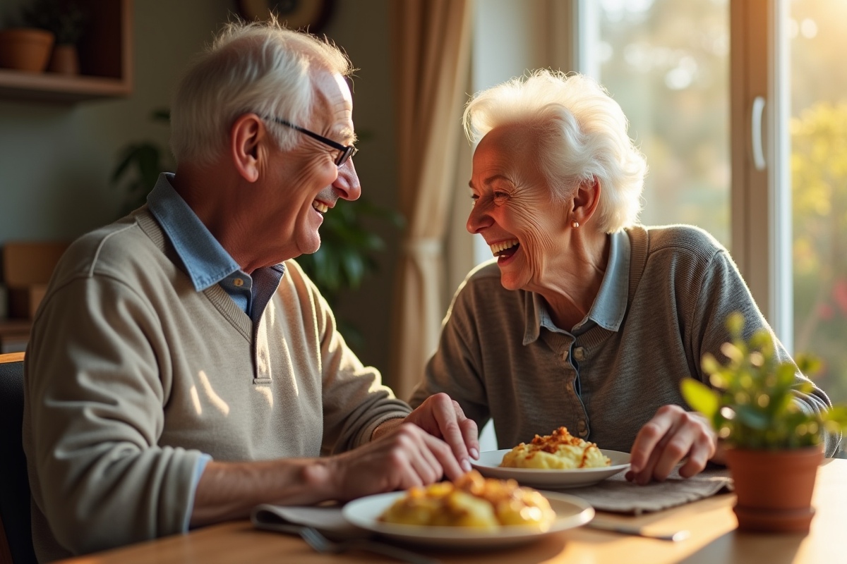 Couple âgé riant à table dans une ambiance chaleureuse