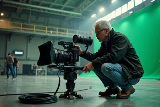 Directeur de la photographie étudiant une caméra de cinéma sur un plateau de tournage professionnel avec fond vert