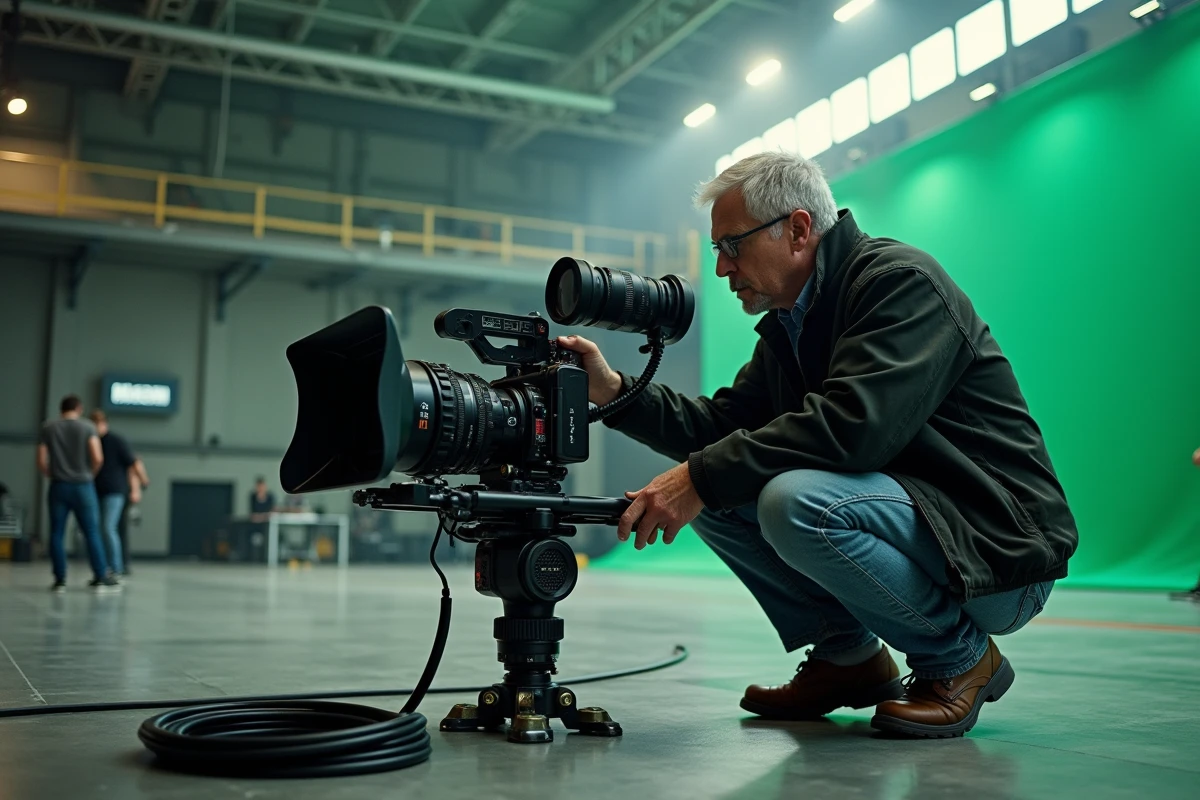 Directeur de la photographie étudiant une caméra de cinéma sur un plateau de tournage professionnel avec fond vert