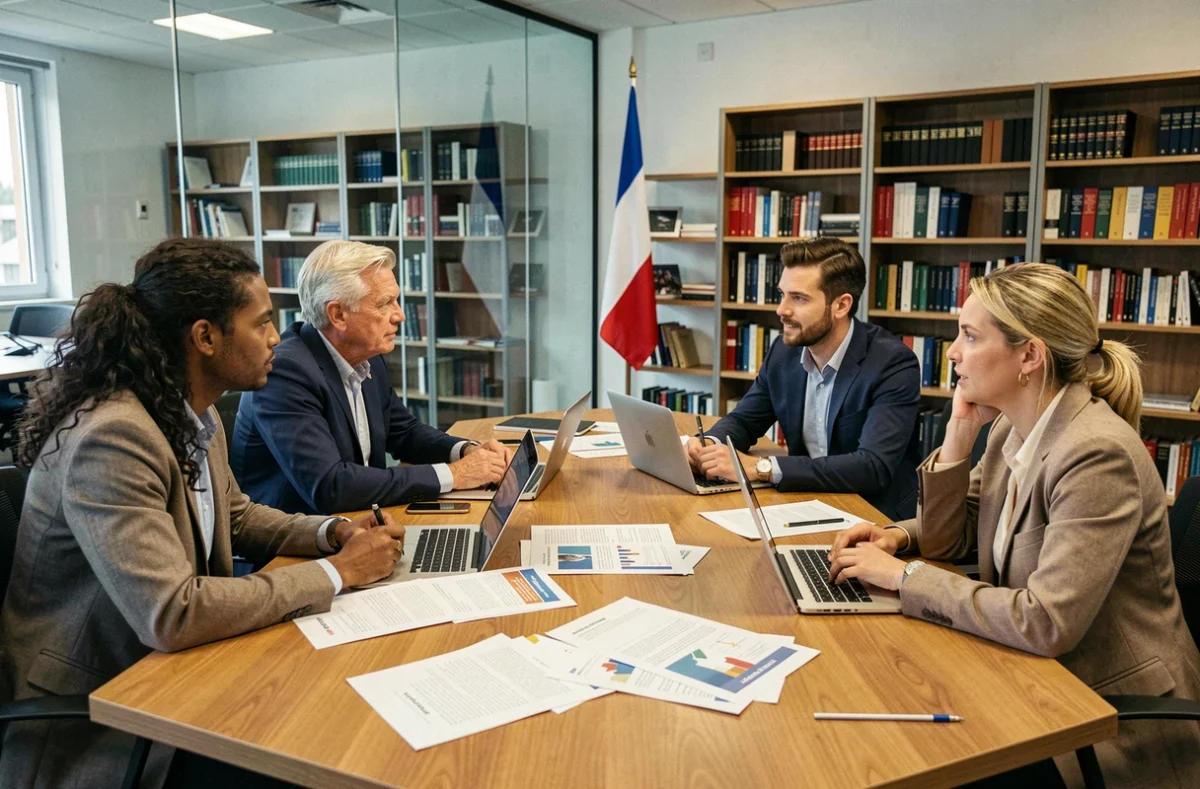 Groupe de citoyens adultes discutant d'orientation politique autour d'une table lors d'une réunion civique en France