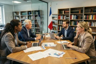 Groupe de citoyens adultes discutant d'orientation politique autour d'une table lors d'une réunion civique en France