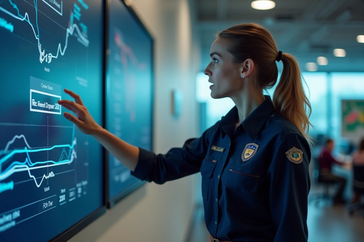 Jeune femme dispatcher expliquant devant écran digital