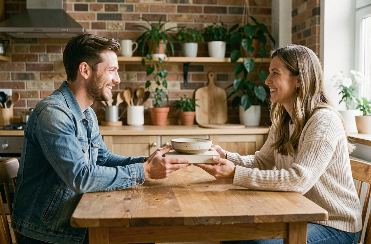 Deux personnes échangeant des objets du quotidien autour d'une table en bois dans un appartement cosy, illustrant le concept de troc sans argent