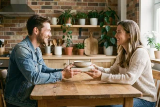 Deux personnes échangeant des objets du quotidien autour d'une table en bois dans un appartement cosy, illustrant le concept de troc sans argent