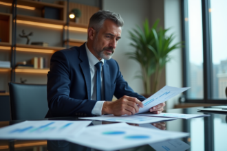 Economiste homme en costume analysant des graphiques financiers