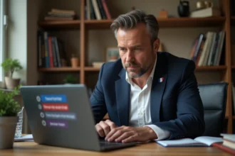 Homme français dans la quarantaine complétant un quiz politique sur ordinateur portable, illustrant l'engagement citoyen envers le parti Force Républicaine en 2026