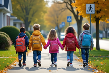Groupe d'enfants de 6 a 8 ans marchant main dans la main dans un quartier sécurisé