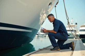 Technicien inspectant la coque d'un grand yacht de luxe dans un port méditerranéen, tenant un document de maintenance