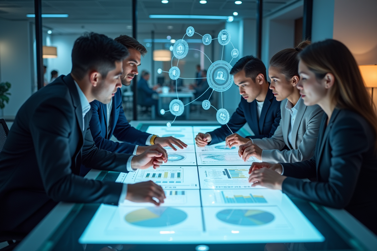 Equipe diverse collaborant autour d un tableau hightech