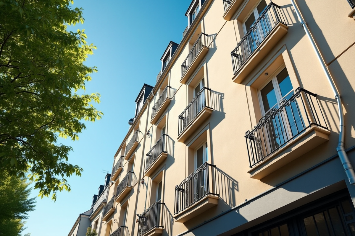 Façade d un immeuble parisien avec balcon et panneau a louer
