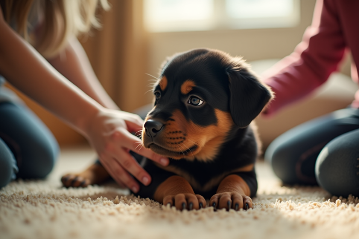 Famille caressant un chiot rottweiler en interieur