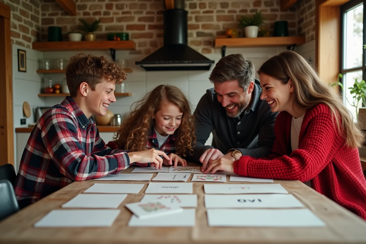 Famille réunie autour d'une table de cuisine rustique en train de choisir ensemble une image joyeux noel 2026 créative et originale