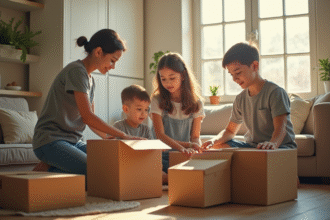 Jeune famille emballant des cartons dans un salon ensoleille