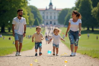 Famille de quatre dans un parc européen en été avec bulles