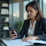 Femme d affaires en bureau moderne avec smartphone et dossier