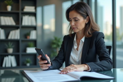 Femme d affaires en bureau moderne avec smartphone et dossier