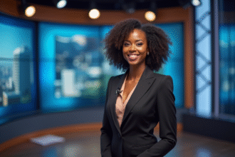 Femme afro élégante en studio télé moderne