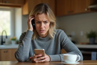 Femme agacée regardant son téléphone sonner, illustrant le harcèlement téléphonique et le démarchage agressif au numéro 0568